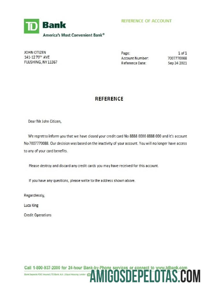 Referência de fechamento do TD dos EUA modelo